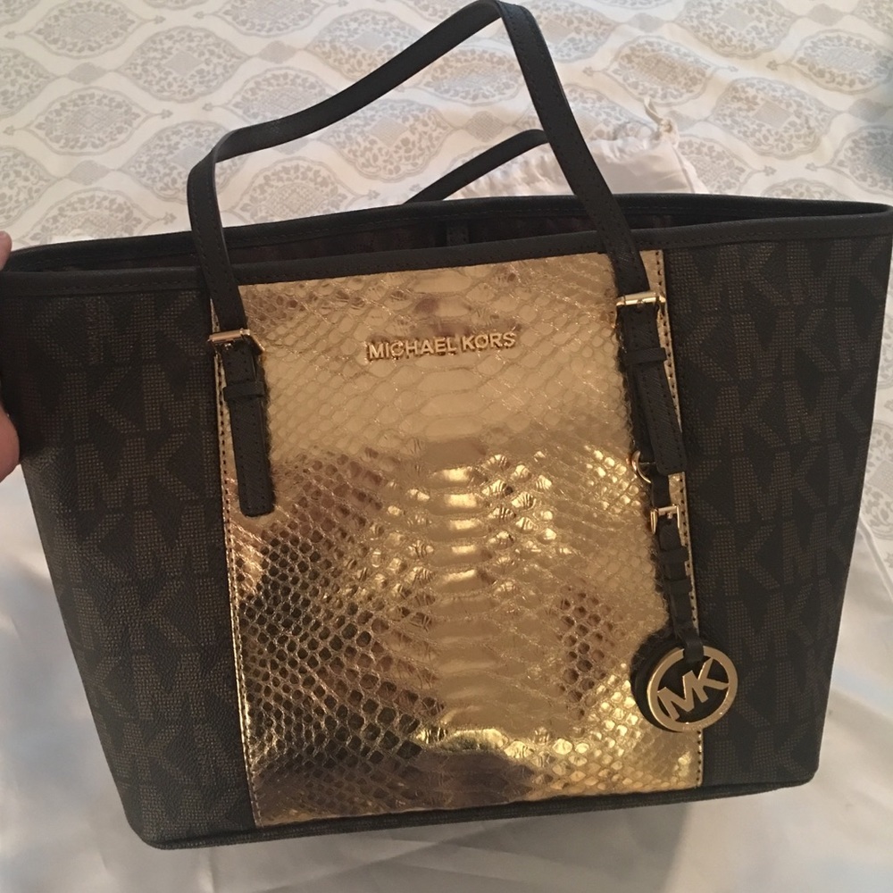 MICHAEL Michael Kors Brown and Metallic Gold Tote